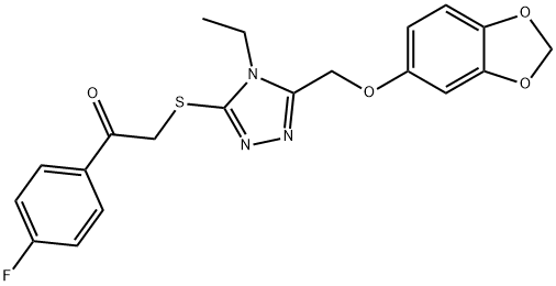 2-((5-((benzo[d][1,3]dioxol-5-yloxy)methyl)-4-ethyl-4H-1,2,4-triazol-3-yl)thio)-1-(4-fluorophenyl)ethan-1-one Struktur