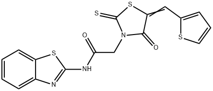 (E)-N-(benzo[d]thiazol-2-yl)-2-(4-oxo-5-(thiophen-2-ylmethylene)-2-thioxothiazolidin-3-yl)acetamide Struktur