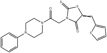 (E)-3-(2-oxo-2-(4-phenylpiperazin-1-yl)ethyl)-5-(thiophen-2-ylmethylene)-2-thioxothiazolidin-4-one Struktur