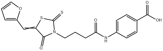 (E)-4-(4-(5-(furan-2-ylmethylene)-4-oxo-2-thioxothiazolidin-3-yl)butanamido)benzoic acid Struktur