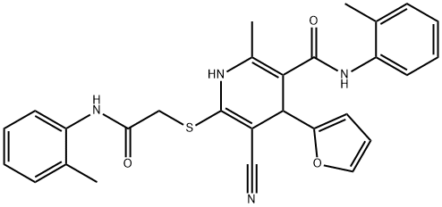 5-cyano-4-(furan-2-yl)-2-methyl-6-((2-oxo-2-(o-tolylamino)ethyl)thio)-N-(o-tolyl)-1,4-dihydropyridine-3-carboxamide Struktur