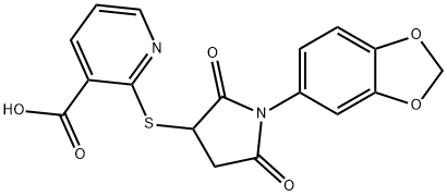 2-((1-(benzo[d][1,3]dioxol-5-yl)-2,5-dioxopyrrolidin-3-yl)thio)nicotinic acid Struktur