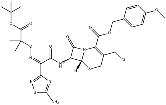 4-methoxybenzyl (6R,7R)-7-((E)-2-(5-amino-1,2,4-thiadiazol-3-yl)-2-(((1-(tert-butoxy)-2-methyl-1-oxopropan-2-yl)oxy)imino)acetamido)-3-(chloromethyl)-8-oxo-5-thia-1-azabicyclo[4.2.0]oct-2-ene-2-carboxylate Struktur