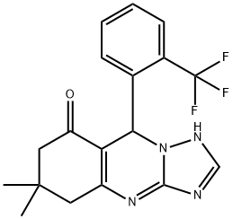 6,6-dimethyl-9-[2-(trifluoromethyl)phenyl]-1,5,7,9-tetrahydro-[1,2,4]triazolo[5,1-b]quinazolin-8-one Struktur