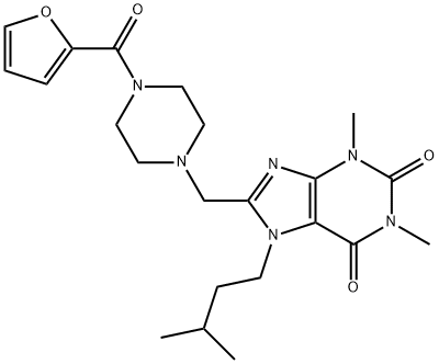 8-((4-(furan-2-carbonyl)piperazin-1-yl)methyl)-7-isopentyl-1,3-dimethyl-3,7-dihydro-1H-purine-2,6-dione Struktur