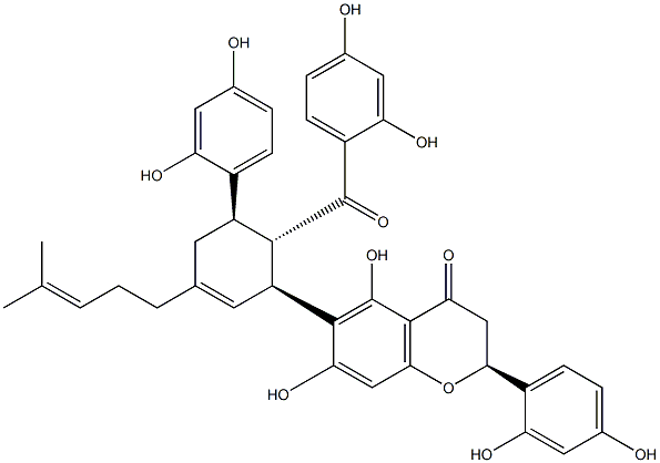 (2S)-6-[(1S,5R,6S)-6-(2,4-dihydroxybenzoyl)-5-(2,4-dihydroxyphenyl)-3-(4-methylpent-3-enyl)cyclohex-2-en-1-yl]-2-(2,4-dihydroxyphenyl)-5,7-dihydroxy-2,3-dihydrochromen-4-one Struktur