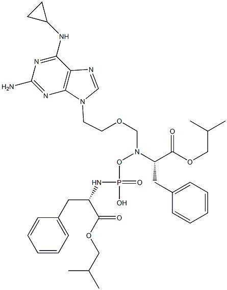 2-methylpropyl (2S)-2-{[({2-[2-amino-6-(cyclopropylamino)-9H-purin-9-yl]ethoxy}methyl)({[(2S)-1-(2-methylpropoxy)-1-oxo-3-phenylpropan-2-yl]amino})phosphoryl]amino}-3-phenylpropanoate Struktur