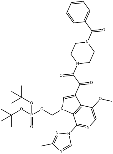 Phosphoric acid, [3-[(4-benzoyl-1-piperazinyl)oxoacetyl]-4-methoxy-7-(3-methyl-1H-1,2,4-triazol-1-yl)-1H-pyrrolo[2,3-c]pyridin-1-yl]methyl bis(1,1-dimethylethyl) ester (9CI) Struktur