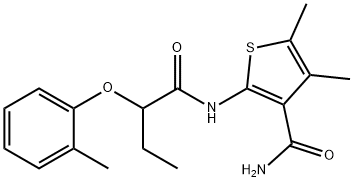 4,5-dimethyl-2-[2-(2-methylphenoxy)butanoylamino]thiophene-3-carboxamide Struktur