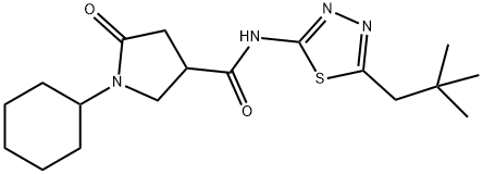 1-cyclohexyl-N-[5-(2,2-dimethylpropyl)-1,3,4-thiadiazol-2-yl]-5-oxopyrrolidine-3-carboxamide Struktur