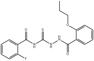 2-fluoro-N-{[2-(2-propoxybenzoyl)hydrazino]carbonothioyl}benzamide Struktur