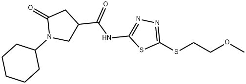 1-cyclohexyl-N-[5-(2-methoxyethylsulfanyl)-1,3,4-thiadiazol-2-yl]-5-oxopyrrolidine-3-carboxamide Struktur