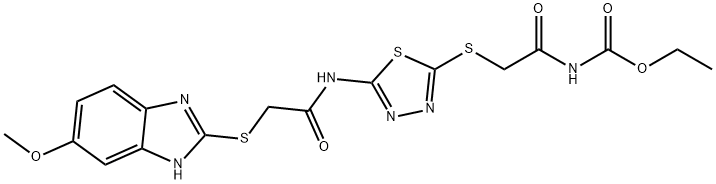 ethyl ({[5-({[(5-methoxy-1H-benzimidazol-2-yl)sulfanyl]acetyl}amino)-1,3,4-thiadiazol-2-yl]sulfanyl}acetyl)carbamate Struktur