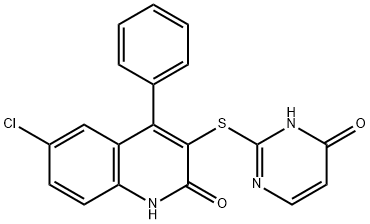 6-chloro-3-[(4-hydroxypyrimidin-2-yl)sulfanyl]-4-phenylquinolin-2(1H)-one Struktur