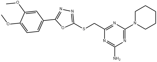 4-({[5-(3,4-dimethoxyphenyl)-1,3,4-oxadiazol-2-yl]sulfanyl}methyl)-6-(1-piperidinyl)-1,3,5-triazin-2-amine Struktur