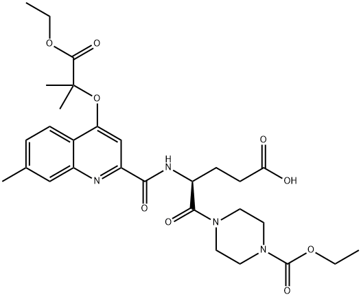 (4S)-5-(4-ethoxycarbonylpiperazin-1-yl)-4-[[4-(1-ethoxy-2-methyl-1-oxopropan-2-yl)oxy-7-methylquinoline-2-carbonyl]amino]-5-oxopentanoic acid Struktur