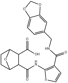 3-((3-((benzo[d][1,3]dioxol-5-ylmethyl)carbamoyl)thiophen-2-yl)carbamoyl)-7-oxabicyclo[2.2.1]heptane-2-carboxylic acid Struktur