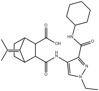 3-((3-(cyclohexylcarbamoyl)-1-ethyl-1H-pyrazol-4-yl)carbamoyl)-7-(propan-2-ylidene)bicyclo[2.2.1]heptane-2-carboxylic acid Struktur