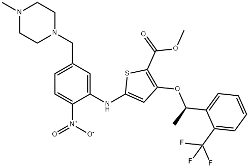 (R)-methyl 5-((5-((4-methylpiperazin-1-yl)methyl)-2-nitrophenyl)amino)-3-(1-(2-(trifluoromethyl)phenyl)ethoxy)thiophene-2-carboxylate Struktur