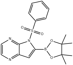 5-(phenylsulfonyl)-6-(4,4,5,5-tetramethyl-1,3,2-dioxaborolan-2-yl)-5H-pyrrolo[3,2-b]pyrazine Struktur