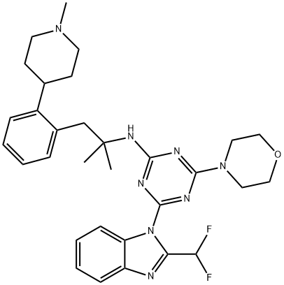 4-(2-(difluoromethyl)-1H-benzo[d]imidazol-1-yl)-N-(2-methyl-1-(2-(1-methylpiperidin-4-yl)phenyl)propan-2-yl)-6-morpholino-1,3,5-triazin-2-amine Struktur