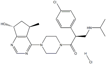 (S)-2-(4-chlorophenyl)-1-(4-((5R,7R)-7-hydroxy-5-methyl-6,7-dihydro-5H-cyclopenta[d]pyrimidin-4-yl)piperazin-1-yl)-3-(isopropylamino)propan-1-one hydrochloride Struktur