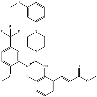 2-Propenoic acid, 3-[3-fluoro-2-[[[4-(3-methoxyphenyl)-1-piperazinyl][[2-methoxy-5-(trifluoromethyl)phenyl]imino]methyl]amino]phenyl]-, methyl ester, (2E)- Struktur