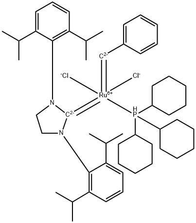 Dichloro[1,3-bis(2,6-isopropylphenyl)-2-imidazolidinylidene](benzylidene)(tricyclohexylphosphine)ruthenium(II) Struktur