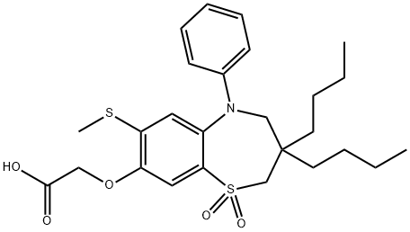 2-((3,3-dibutyl-7-(methylthio)-1,1-dioxido-5-phenyl-2,3,4,5-tetrahydrobenzo[b][1,4]thiazepin-8-yl)oxy)acetic acid Struktur