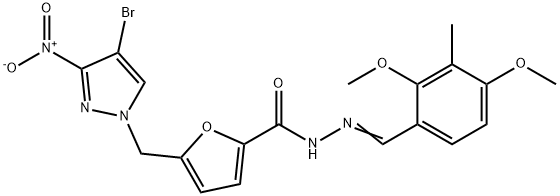 5-({4-bromo-3-nitro-1H-pyrazol-1-yl}methyl)-N'-(2,4-dimethoxy-3-methylbenzylidene)-2-furohydrazide Struktur