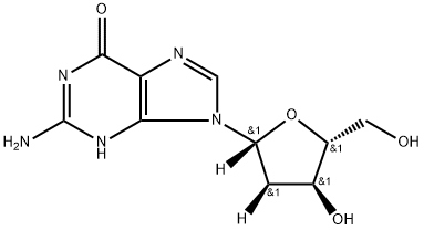 2-Amino-9-((2R,4S,5R)-4-hydroxy-5-(hydroxymethyl)tetrahydrofuran-2-yl)-1H-purin-6(9H)-one Struktur