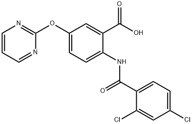 2-[(2,4-Dichlorobenzoyl)amino]-5-(2-pyrimidinyloxy)-benzoic acid hydrate Struktur