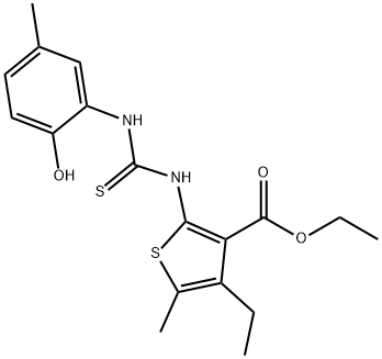 ethyl 4-ethyl-2-(3-(2-hydroxy-5-methylphenyl)thioureido)-5-methylthiophene-3-carboxylate Struktur