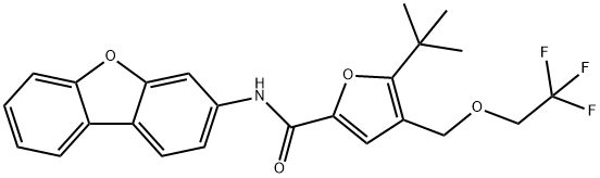 5-tert-butyl-N-(dibenzo[b,d]furan-3-yl)-4-[(2,2,2-trifluoroethoxy)methyl]furan-2-carboxamide Struktur