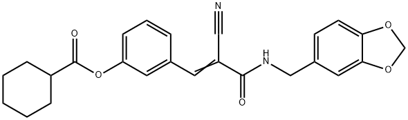 (E)-3-(3-((benzo[d][1,3]dioxol-5-ylmethyl)amino)-2-cyano-3-oxoprop-1-en-1-yl)phenyl cyclohexanecarboxylate Struktur