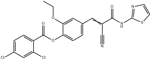 (E)-4-(2-cyano-3-oxo-3-(thiazol-2-ylamino)prop-1-en-1-yl)-2-ethoxyphenyl 2,4-dichlorobenzoate Struktur