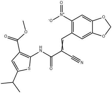 (E)-methyl 2-(2-cyano-3-(6-nitrobenzo[d][1,3]dioxol-5-yl)acrylamido)-5-isopropylthiophene-3-carboxylate Struktur