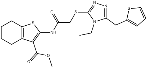 methyl 2-(2-((4-ethyl-5-(thiophen-2-ylmethyl)-4H-1,2,4-triazol-3-yl)thio)acetamido)-4,5,6,7-tetrahydrobenzo[b]thiophene-3-carboxylate Struktur