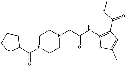 methyl 5-methyl-2-(2-(4-(tetrahydrofuran-2-carbonyl)piperazin-1-yl)acetamido)thiophene-3-carboxylate Struktur