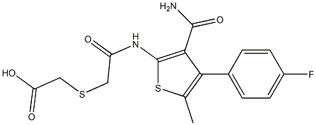 2-((2-((3-carbamoyl-4-(4-fluorophenyl)-5-methylthiophen-2-yl)amino)-2-oxoethyl)thio)acetic acid Struktur