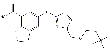 5-(1-((2-(trimethylsilyl)ethoxy)methyl)-1H-pyrazol-3-ylthio)-2,3-dihydrobenzofuran-7-carboxylic acid Struktur