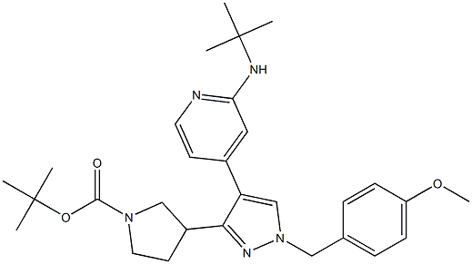 3-[4-(2-tert-Butylamino-pyridin-4-yl)-1-(4-methoxy-benzyl)-1H-pyrazol-3-yl]-pyrrolidine-1-carboxylic acid tert-butyl ester Struktur