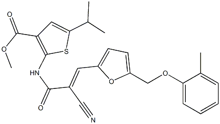 (E)-methyl 2-(2-cyano-3-(5-((o-tolyloxy)methyl)furan-2-yl)acrylamido)-5-isopropylthiophene-3-carboxylate Struktur