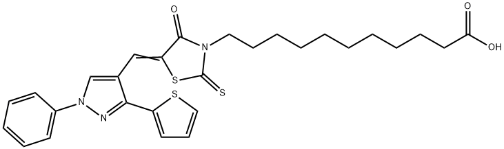 (Z)-11-(4-oxo-5-((1-phenyl-3-(thiophen-2-yl)-1H-pyrazol-4-yl)methylene)-2-thioxothiazolidin-3-yl)undecanoic acid Struktur