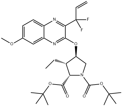 DI-tert-butyl (2S,3S,4R)-4-((3-(1,1-difluoroallyl)-7-methoxyquinoxalin-2-yl)oxy)-3-ethylpyrrolidine-1,2-dicarboxylate Struktur