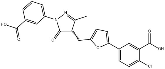 5-(5-{[1-(3-carboxyphenyl)-3-methyl-5-oxo-1,5-dihydro-4H-pyrazol-4-ylidene]methyl}-2-furyl)-2-chlorobenzoic acid Struktur