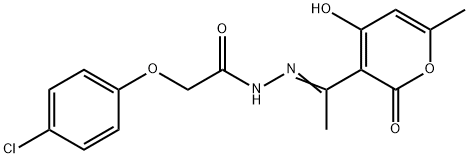 (E)-2-(4-chlorophenoxy)-N'-(1-(4-hydroxy-6-methyl-2-oxo-2H-pyran-3-yl)ethylidene)acetohydrazide Struktur