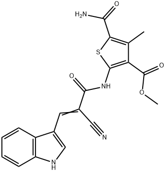 (E)-methyl 5-carbamoyl-2-(2-cyano-3-(1H-indol-3-yl)acrylamido)-4-methylthiophene-3-carboxylate Struktur