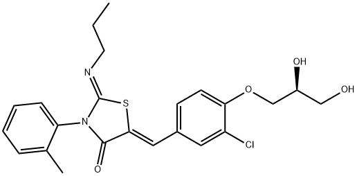 4-Thiazolidinone, 5-[[3-chloro-4-[(2S)-2,3-dihydroxypropoxy]phenyl]methylene]-3-(2-methylphenyl)-2-(propylimino)-, (2Z,5Z)- Struktur