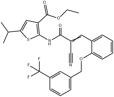 (E)-ethyl 2-(2-cyano-3-(2-((3-(trifluoromethyl)benzyl)oxy)phenyl)acrylamido)-5-isopropylthiophene-3-carboxylate Struktur